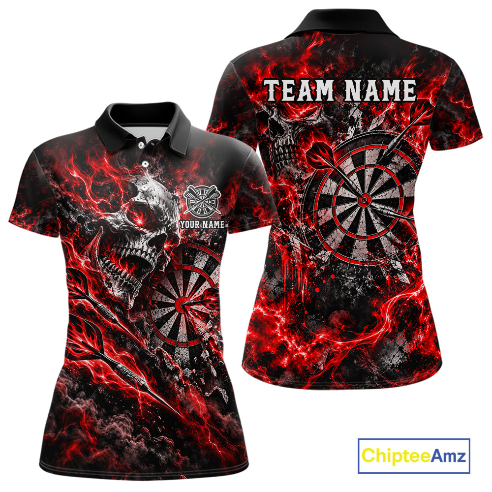Red Fire Skull Women Darts Polo Shirt Personalized Quarter Zip Performance Team Jersey NHT1797