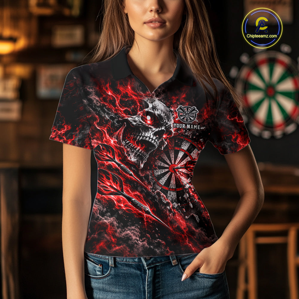 Red Fire Skull Women Darts Polo Shirt Personalized Quarter Zip Performance Team Jersey NHT1797