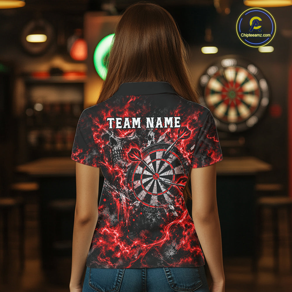 Red Fire Skull Women Darts Polo Shirt Personalized Quarter Zip Performance Team Jersey NHT1797