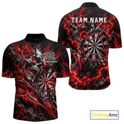 Red Fire Skull Men Darts Polo Shirt Personalized Quarter Zip Performance Team Jersey NHT1797