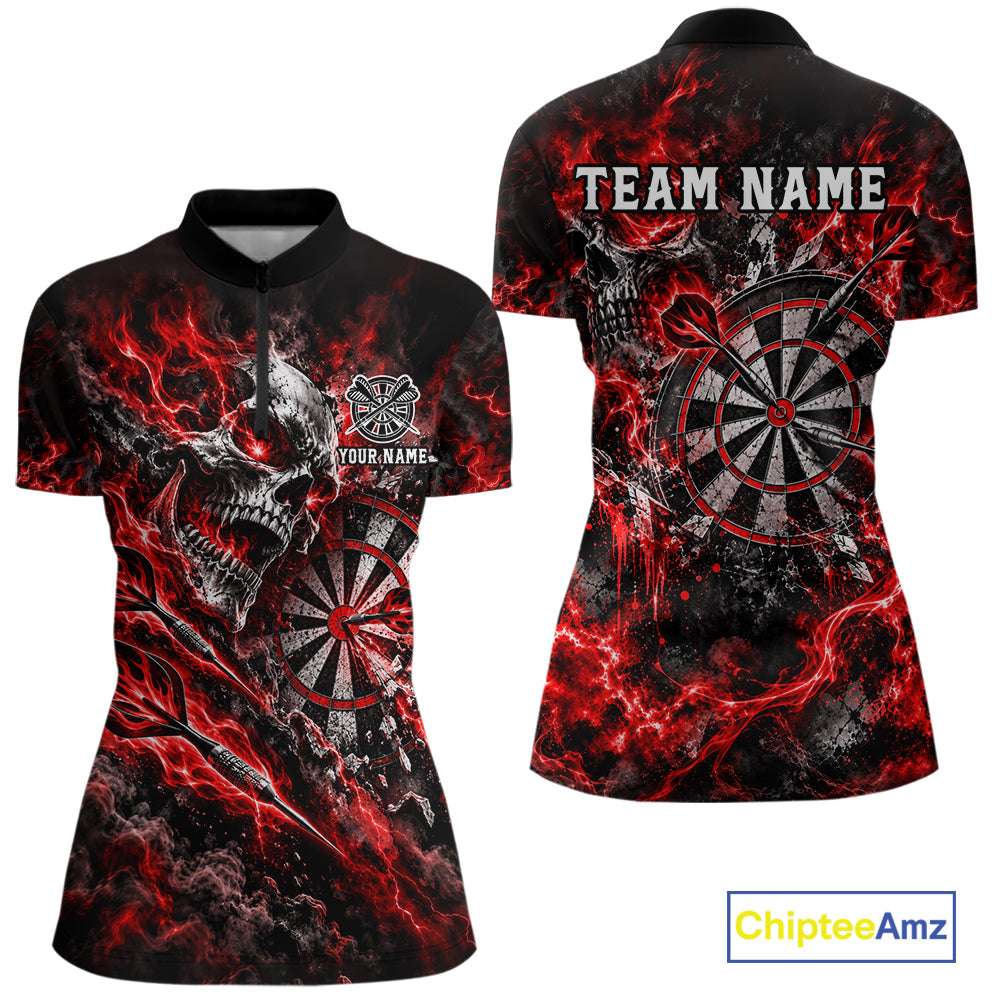 Red Fire Skull Women Darts Polo Shirt Personalized Quarter Zip Performance Team Jersey NHT1797
