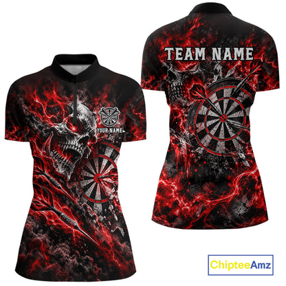 Red Fire Skull Women Darts Polo Shirt Personalized Quarter Zip Performance Team Jersey NHT1797
