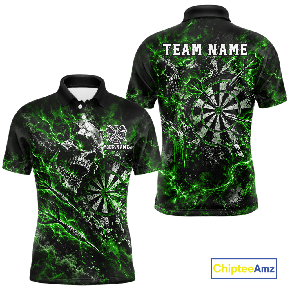 Green Fire Skull Men Darts Polo Shirt Personalized Quarter Zip Performance Team Jersey NHT1798