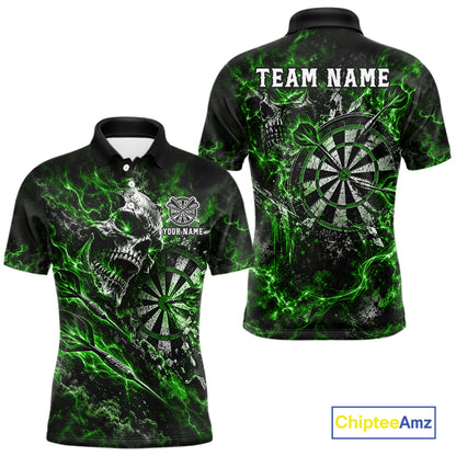 Green Fire Skull Men Darts Polo Shirt Personalized Quarter Zip Performance Team Jersey NHT1798