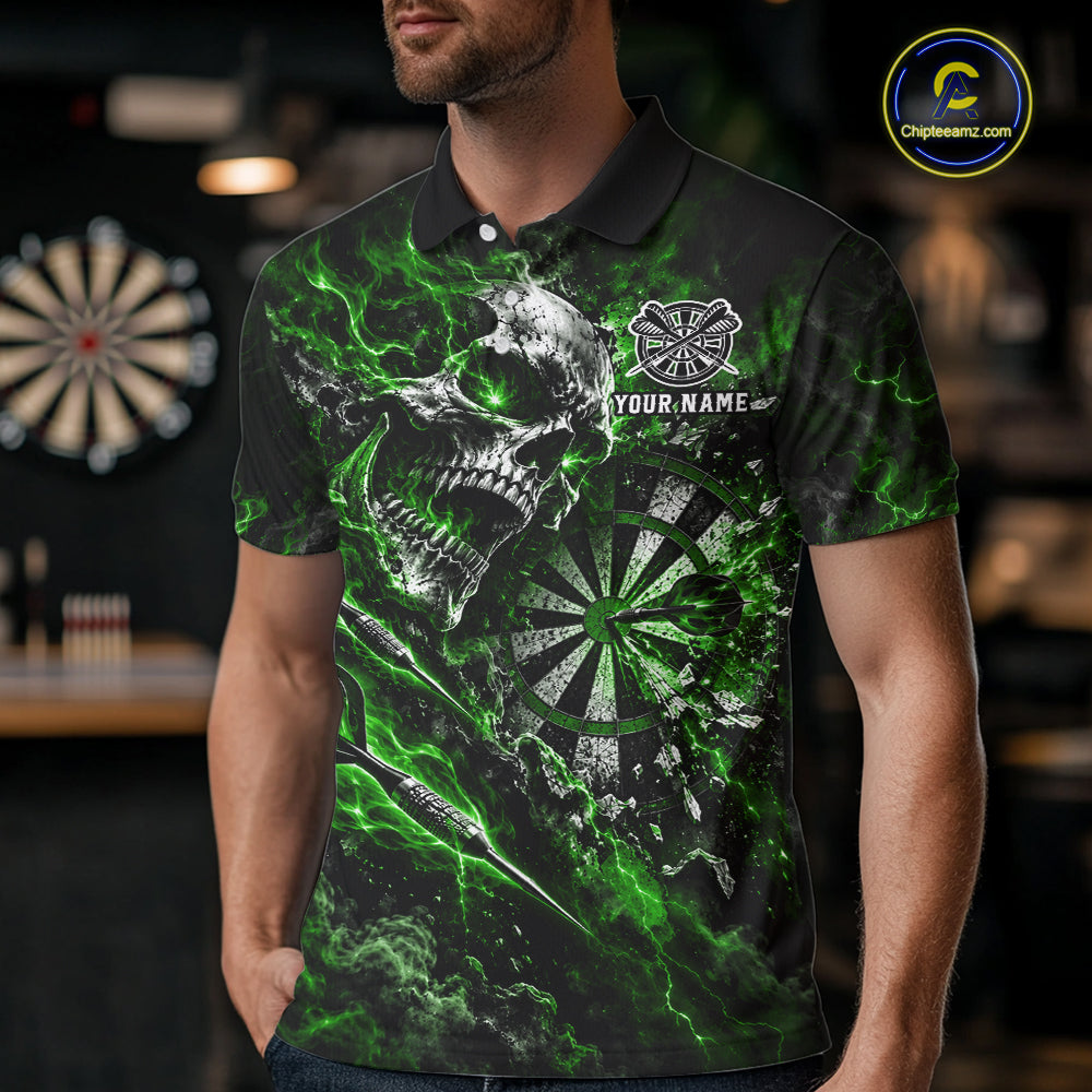 Green Fire Skull Men Darts Polo Shirt Personalized Quarter Zip Performance Team Jersey NHT1798