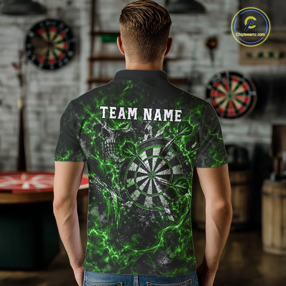 Green Fire Skull Men Darts Polo Shirt Personalized Quarter Zip Performance Team Jersey NHT1798