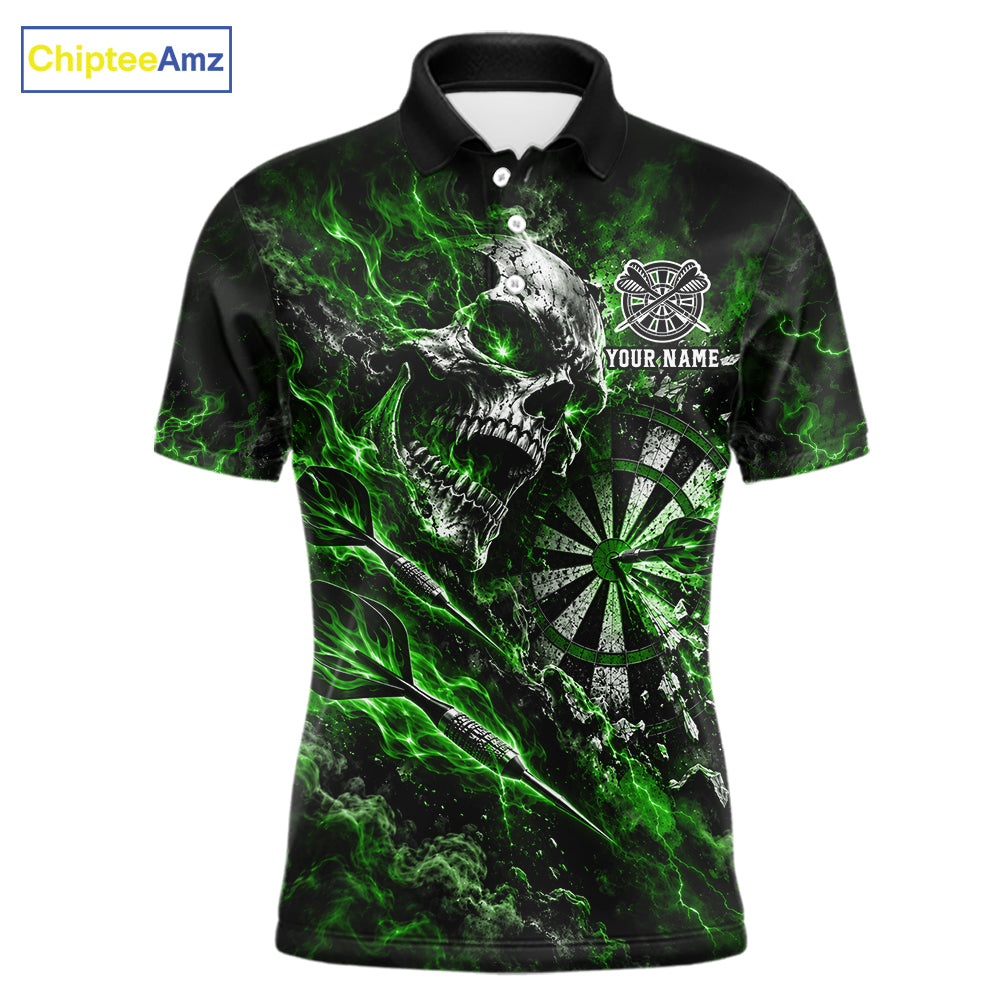 Green Fire Skull Men Darts Polo Shirt Personalized Quarter Zip Performance Team Jersey NHT1798
