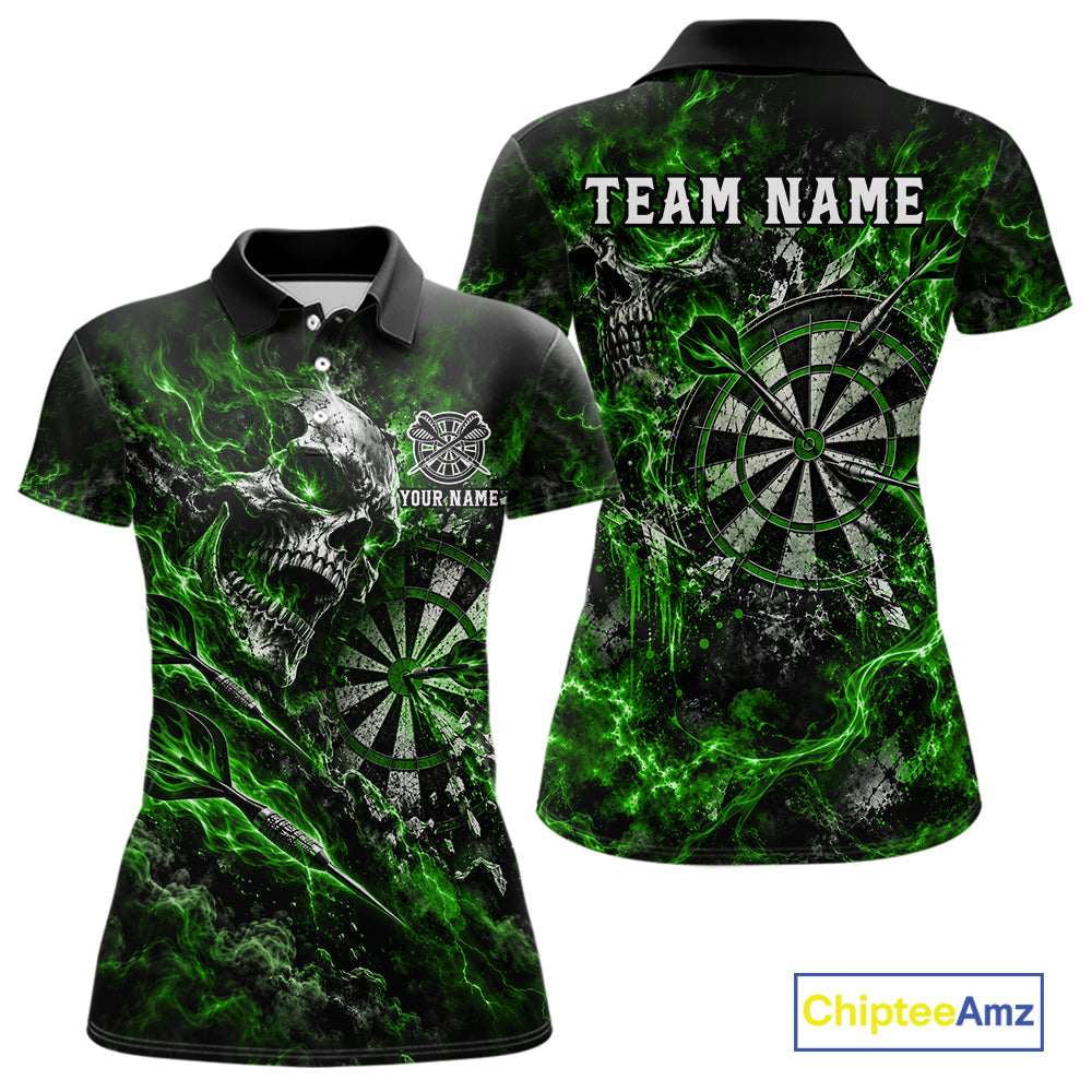 Green Fire Skull Women Darts Polo Shirt Personalized Quarter Zip Performance Team Jersey NHT1798