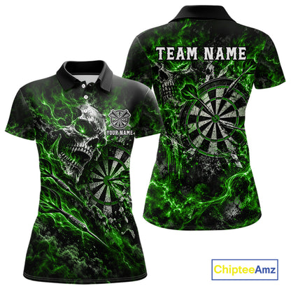 Green Fire Skull Women Darts Polo Shirt Personalized Quarter Zip Performance Team Jersey NHT1798