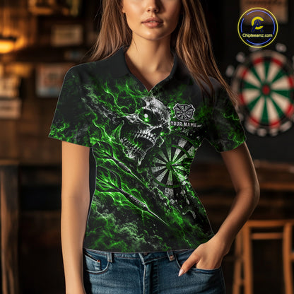 Green Fire Skull Women Darts Polo Shirt Personalized Quarter Zip Performance Team Jersey NHT1798