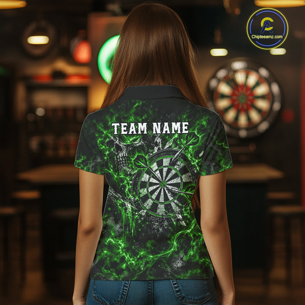Green Fire Skull Women Darts Polo Shirt Personalized Quarter Zip Performance Team Jersey NHT1798