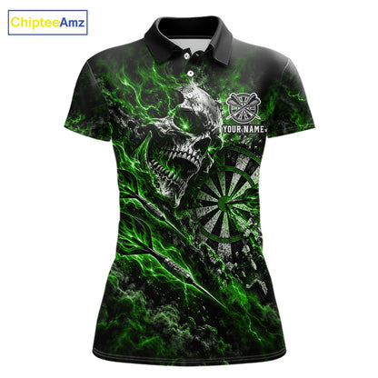 Green Fire Skull Women Darts Polo Shirt Personalized Quarter Zip Performance Team Jersey NHT1798