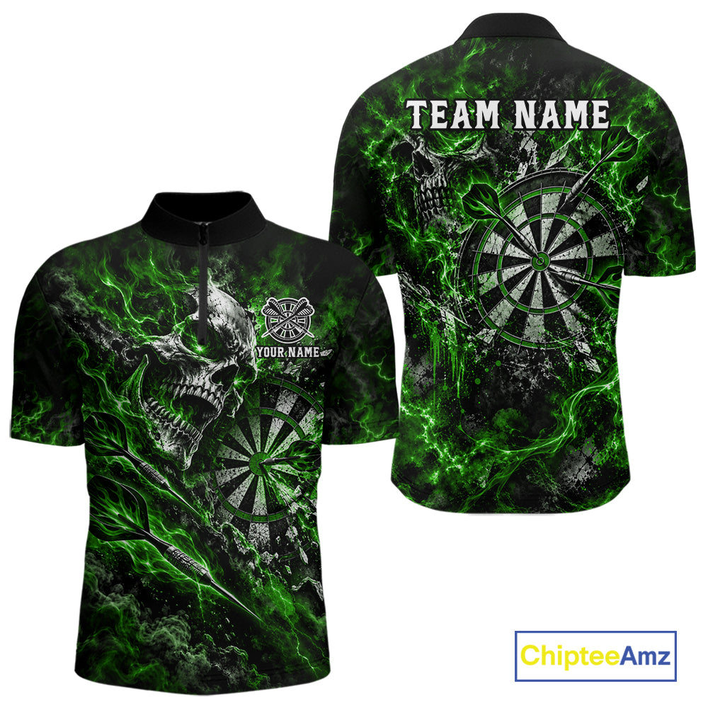 Green Fire Skull Men Darts Polo Shirt Personalized Quarter Zip Performance Team Jersey NHT1798