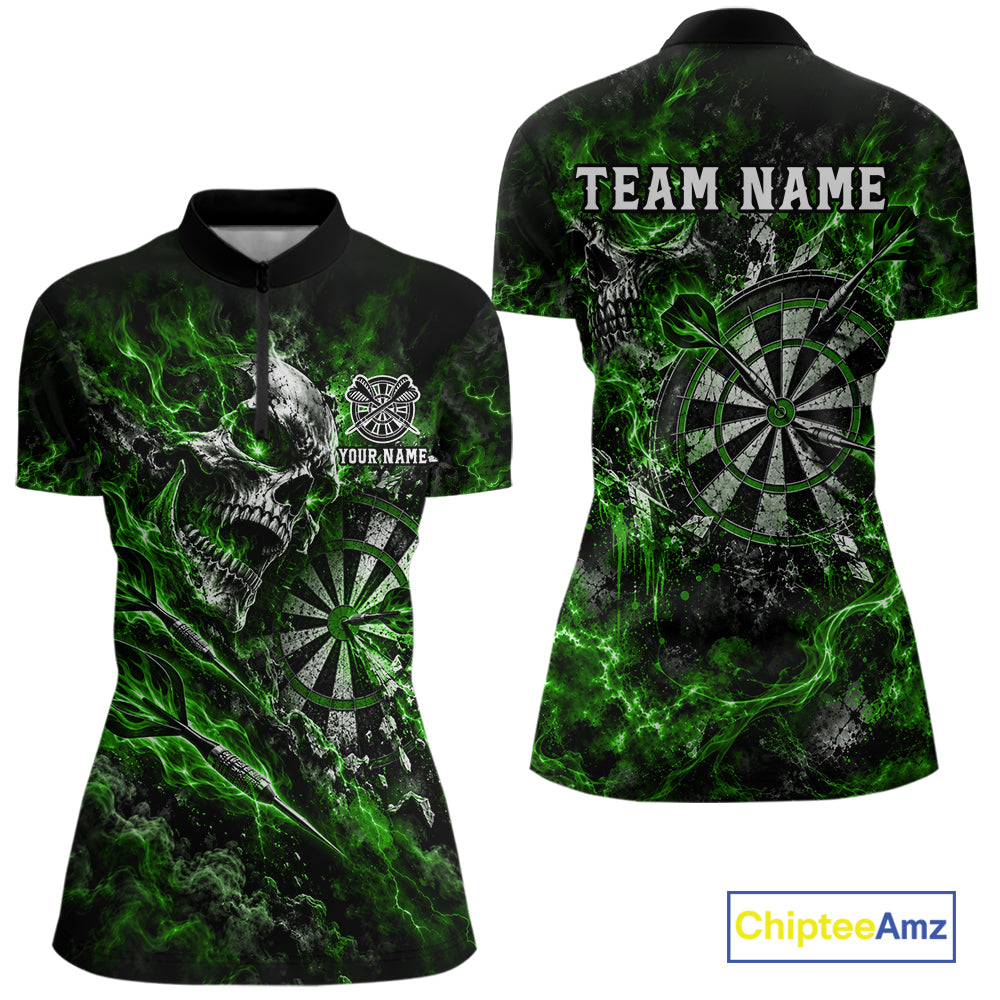 Green Fire Skull Women Darts Polo Shirt Personalized Quarter Zip Performance Team Jersey NHT1798