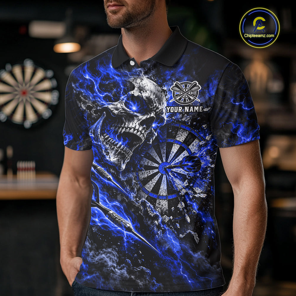 Blue Fire Skull Men Darts Polo Shirt Personalized Quarter Zip Performance Team Jersey NHT1799