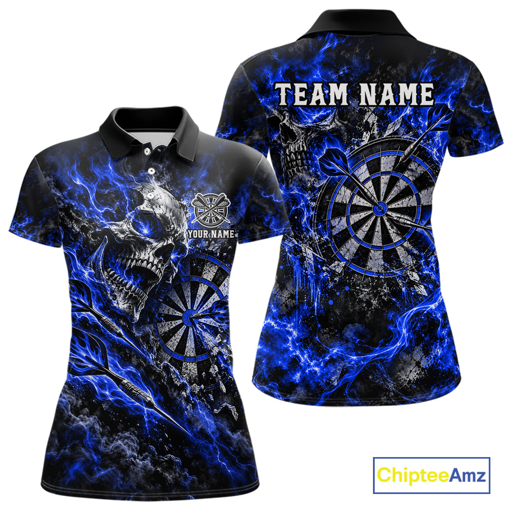 Blue Fire Skull Women Darts Polo Shirt Personalized Quarter Zip Performance Team Jersey NHT1799