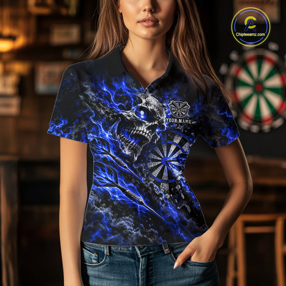 Blue Fire Skull Women Darts Polo Shirt Personalized Quarter Zip Performance Team Jersey NHT1799