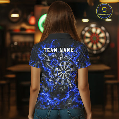 Blue Fire Skull Women Darts Polo Shirt Personalized Quarter Zip Performance Team Jersey NHT1799