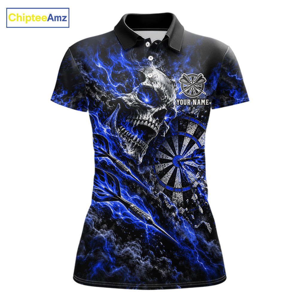 Blue Fire Skull Women Darts Polo Shirt Personalized Quarter Zip Performance Team Jersey NHT1799