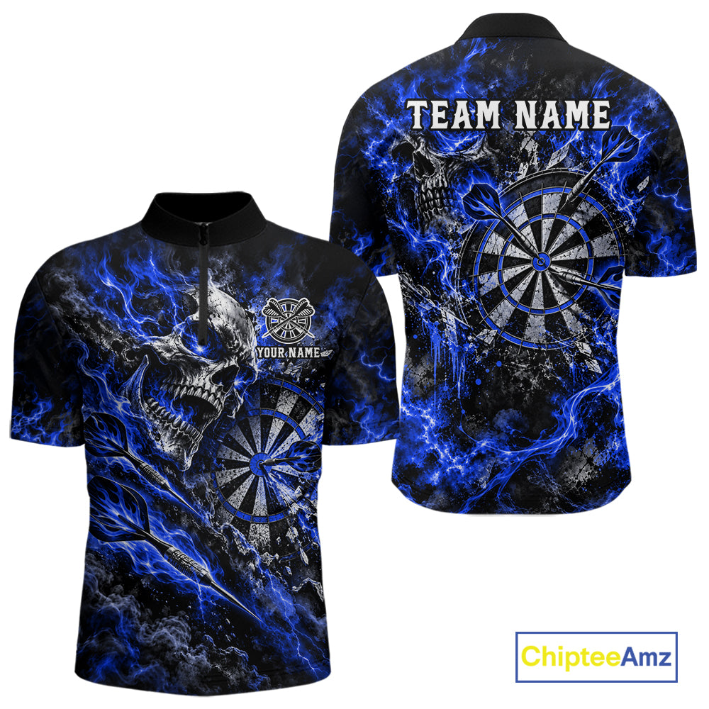 Blue Fire Skull Men Darts Polo Shirt Personalized Quarter Zip Performance Team Jersey NHT1799