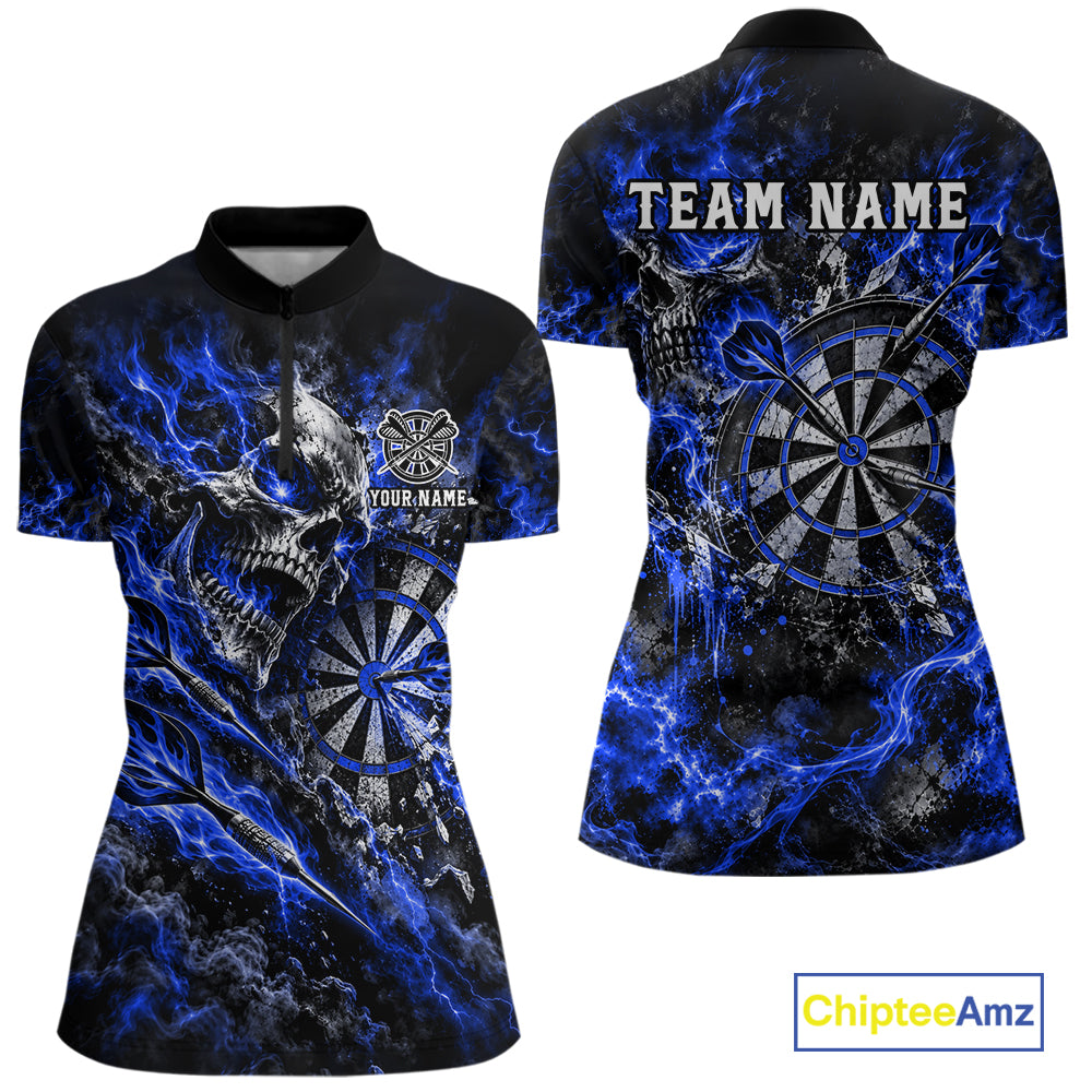 Blue Fire Skull Women Darts Polo Shirt Personalized Quarter Zip Performance Team Jersey NHT1799