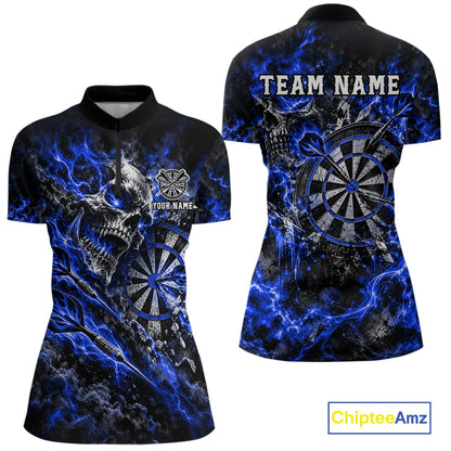 Blue Fire Skull Women Darts Polo Shirt Personalized Quarter Zip Performance Team Jersey NHT1799