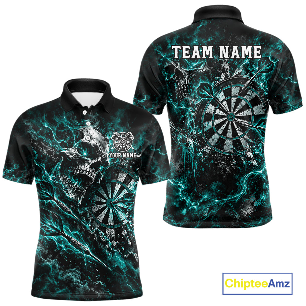Turquoise Fire Skull Men Darts Polo Shirt Personalized Quarter Zip Performance Team Jersey NHT1800