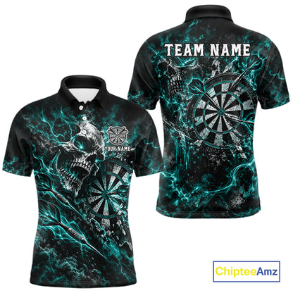 Turquoise Fire Skull Men Darts Polo Shirt Personalized Quarter Zip Performance Team Jersey NHT1800
