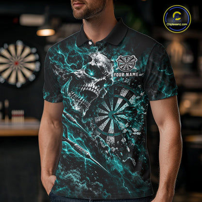 Turquoise Fire Skull Men Darts Polo Shirt Personalized Quarter Zip Performance Team Jersey NHT1800