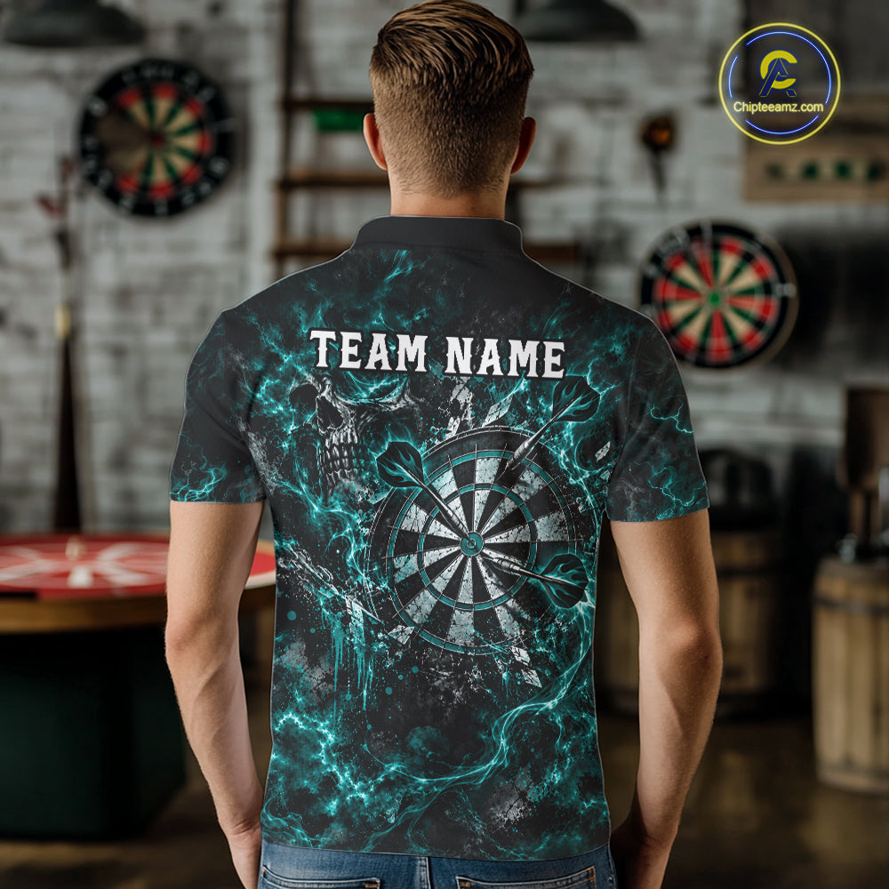 Turquoise Fire Skull Men Darts Polo Shirt Personalized Quarter Zip Performance Team Jersey NHT1800