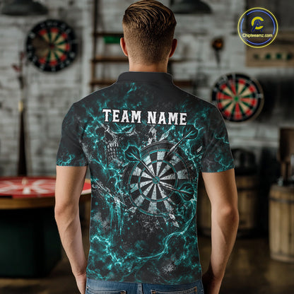 Turquoise Fire Skull Men Darts Polo Shirt Personalized Quarter Zip Performance Team Jersey NHT1800