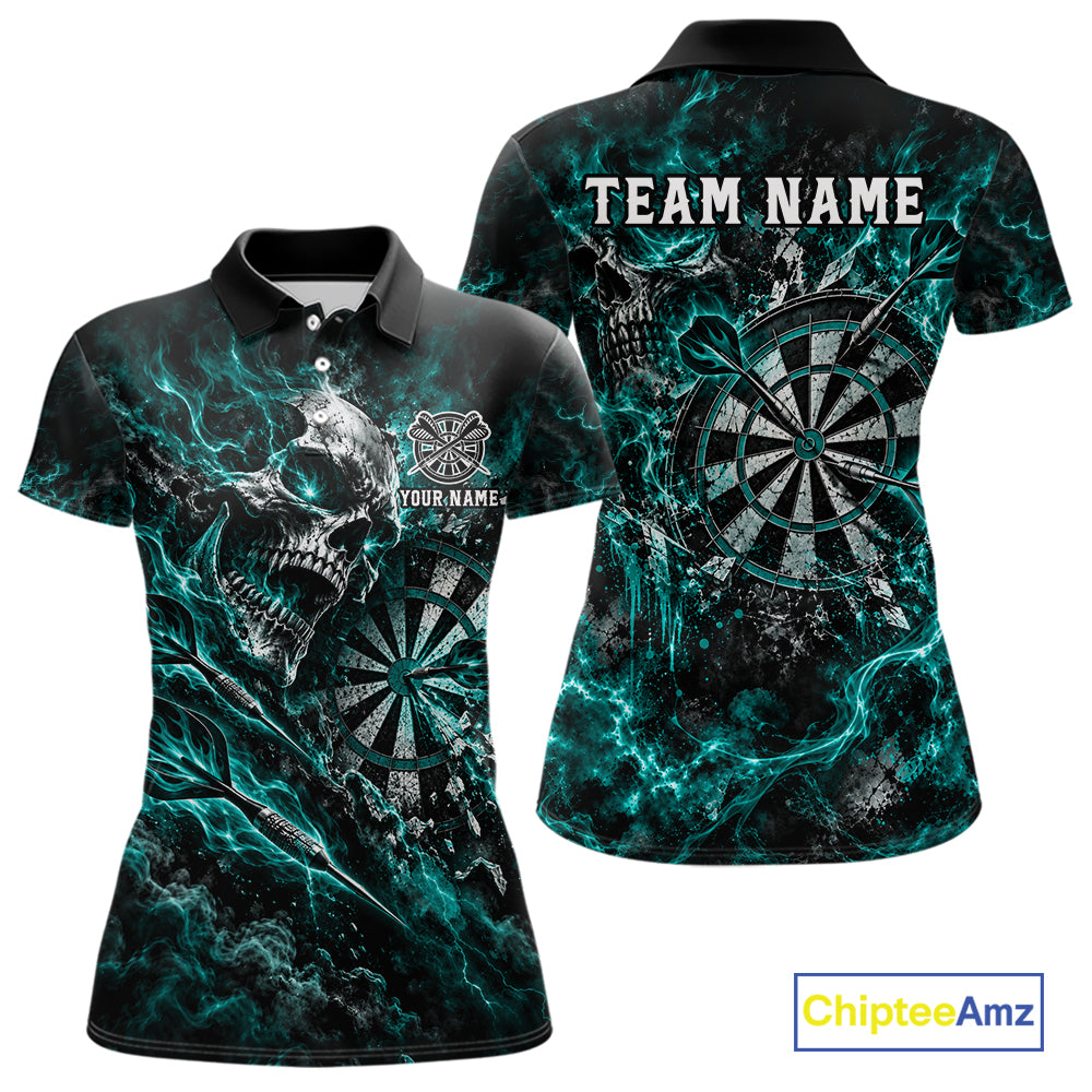Turquoise Fire Skull Women Darts Polo Shirt Personalized Quarter Zip Performance Team Jersey NHT1800