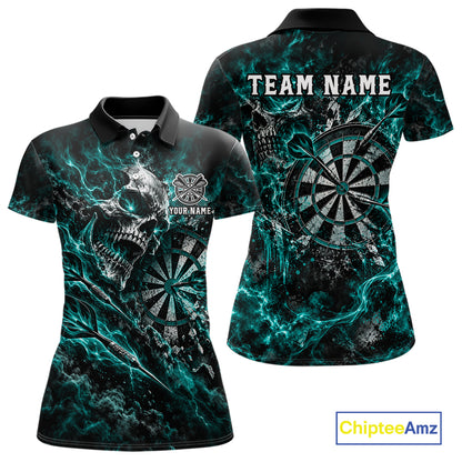 Turquoise Fire Skull Women Darts Polo Shirt Personalized Quarter Zip Performance Team Jersey NHT1800