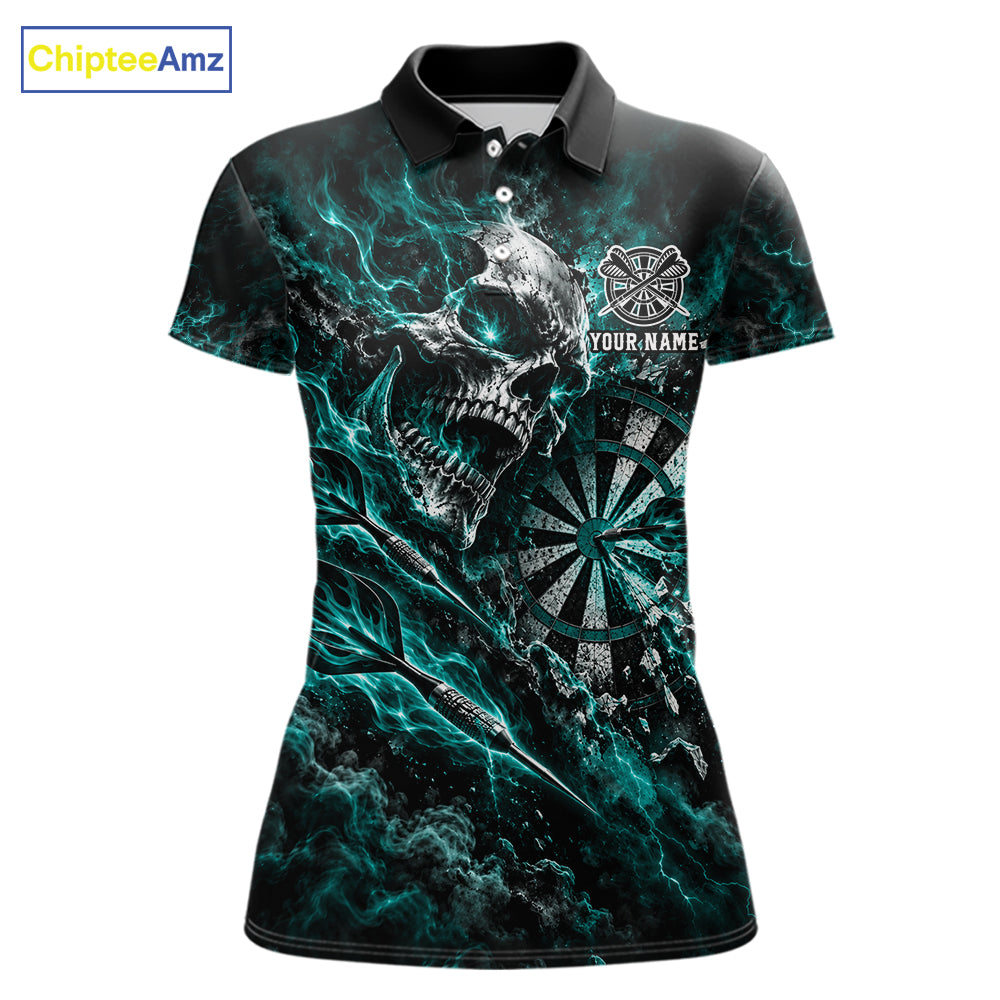 Turquoise Fire Skull Women Darts Polo Shirt Personalized Quarter Zip Performance Team Jersey NHT1800