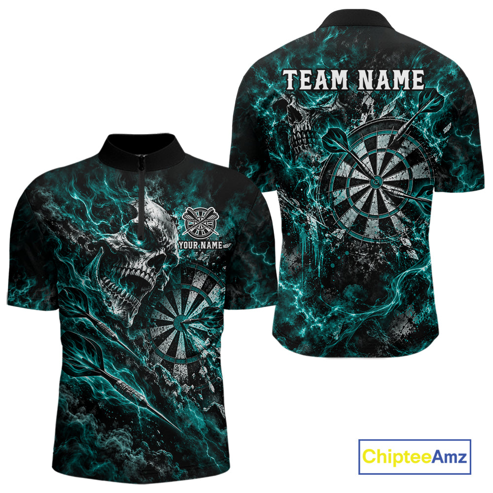 Turquoise Fire Skull Men Darts Polo Shirt Personalized Quarter Zip Performance Team Jersey NHT1800
