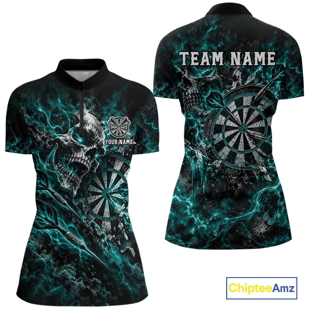 Turquoise Fire Skull Women Darts Polo Shirt Personalized Quarter Zip Performance Team Jersey NHT1800