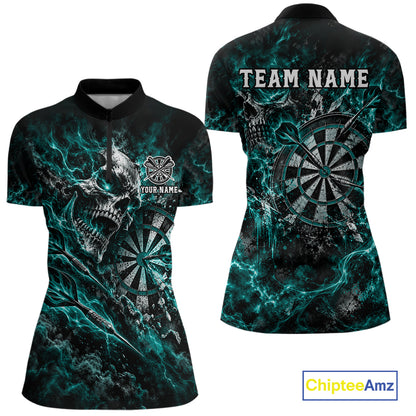 Turquoise Fire Skull Women Darts Polo Shirt Personalized Quarter Zip Performance Team Jersey NHT1800