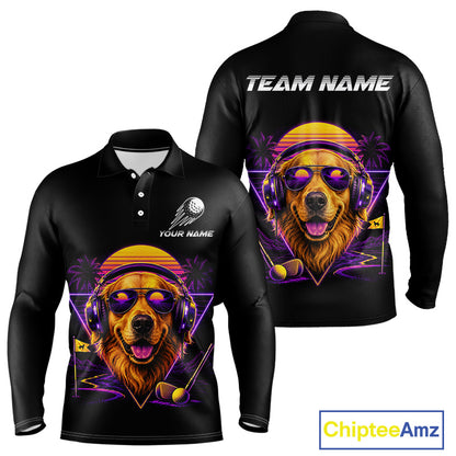 Retro Synthwave Golden Retriever Golf Polo Shirt - Funny Dog Dad Golfing Apparel