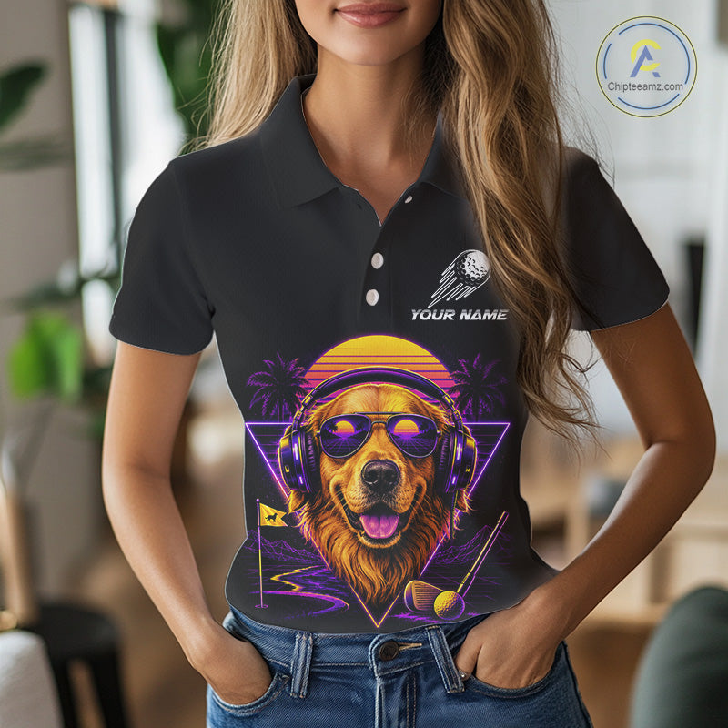 Person wearing a black polo shirt with a colorful dog graphic and text placeholder.