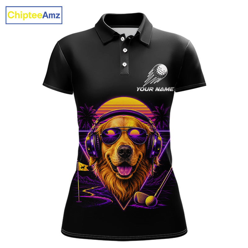 Retro Synthwave Golden Retriever Womens Golf Polo Shirt - Funny Dog Dad Golfing Apparel