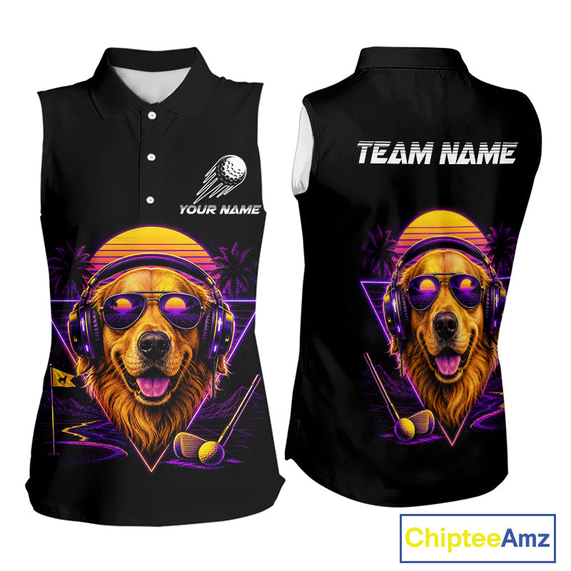 Retro Synthwave Golden Retriever Womens Sleeveless Golf Polo Shirt - Funny Dog Dad Golfing Apparel