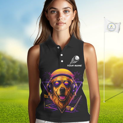 Retro Synthwave Golden Retriever Womens Sleeveless Golf Polo Shirt - Funny Dog Dad Golfing Apparel