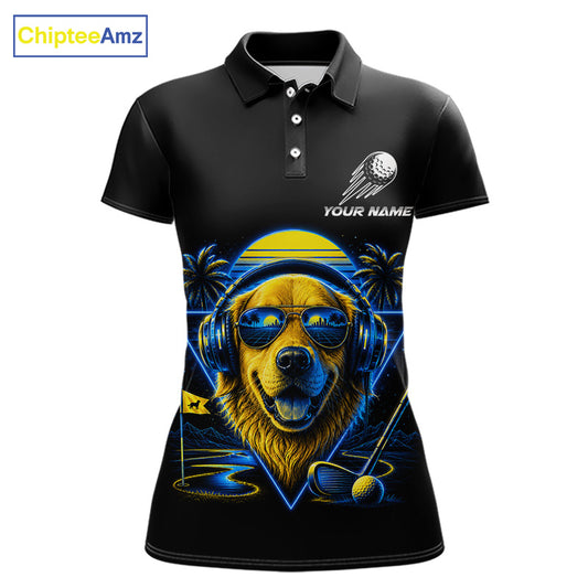 Personalized Golden Retriever Golf Shirt, Neon Blue Cyberpunk Dog Golf Polo Shirt For Womens