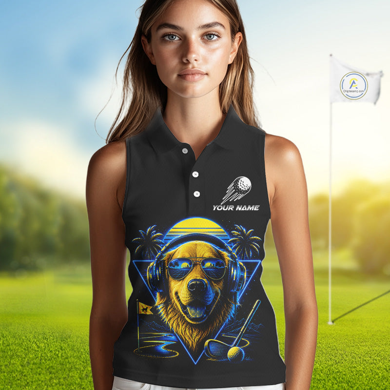 Personalized Golden Retriever Golf Shirt, Neon Blue Cyberpunk Dog Womens Sleeveless Golf Polo Shirt