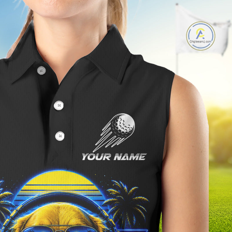 Personalized Golden Retriever Golf Shirt, Neon Blue Cyberpunk Dog Womens Sleeveless Golf Polo Shirt