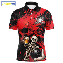 Load image into Gallery viewer, Custom Skeleton Beer Bowling Jersey, Red Splatter Skull Polo &amp; Quarter-Zip Shirt Gift For Men 