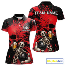 Load image into Gallery viewer, Custom Skeleton Beer Bowling Jersey, Red Splatter Skull Polo &amp; Quarter-Zip Shirt Gift For Women 