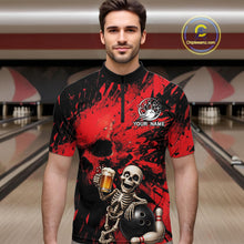 Load image into Gallery viewer, Man wearing a red and black bowling shirt with a skeleton design in a bowling alley.