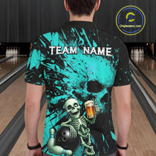 Load image into Gallery viewer, Person wearing a black and teal bowling shirt with a skeleton holding a beer and a bowling ball, standing in a bowling alley.