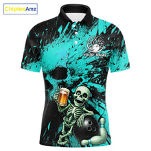 Load image into Gallery viewer, Custom Skeleton Beer Bowling Jersey, Turquoise Splatter Skull Polo &amp; Quarter-Zip Shirt Gift For Men 